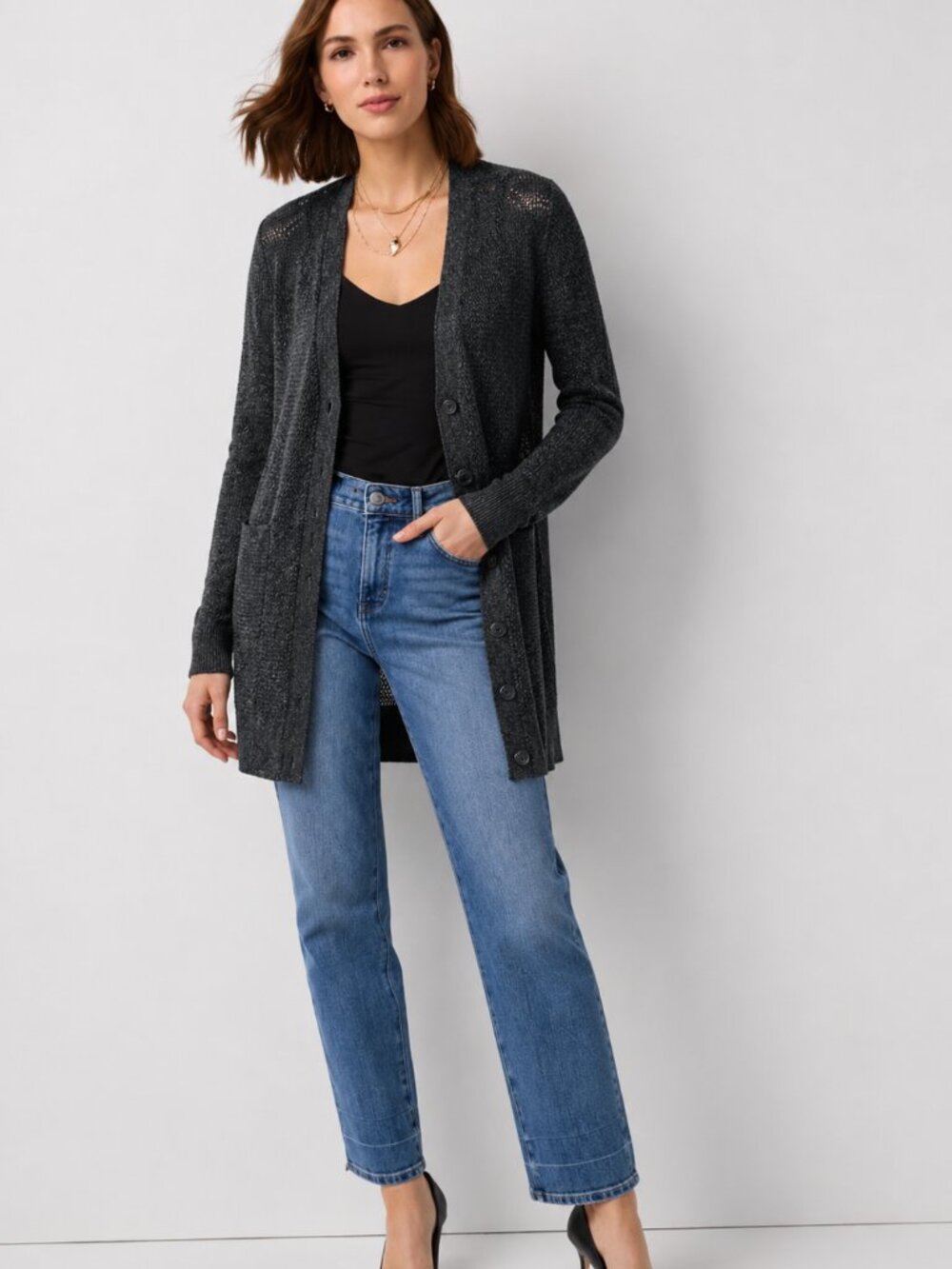 Banana Republic Black Open Knit Longline Cardigan Sweater Size Large